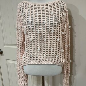 Elegant Blush Open-Knit Sweater with Pom-Pom Details